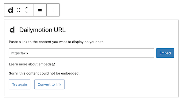 URL无法嵌入实例显示两个选项,重试或转换链接
