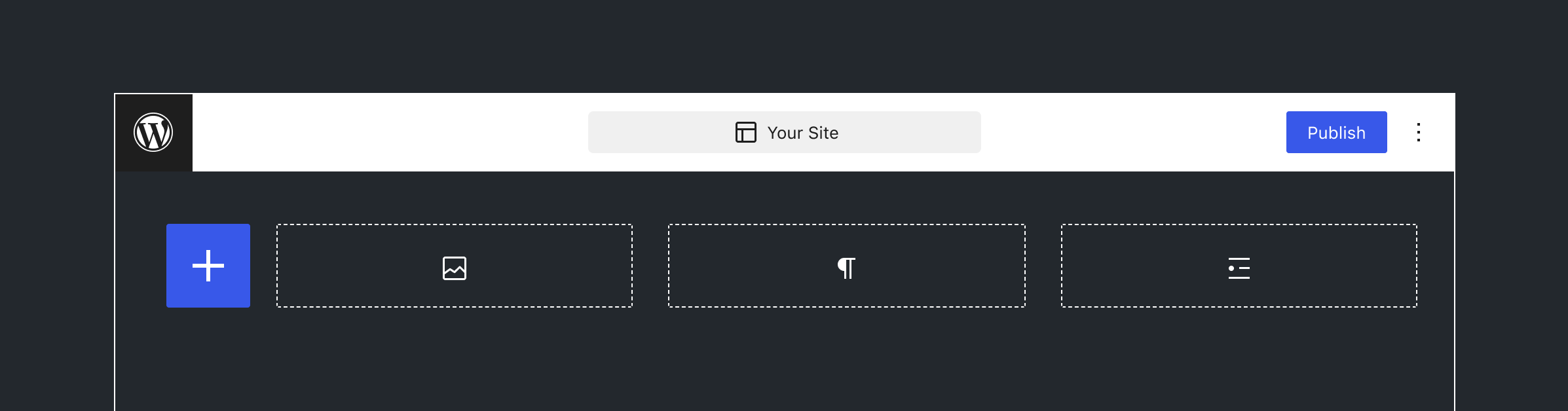 WordPress编辑器视图显示带插入器图标的三个块的轮廓